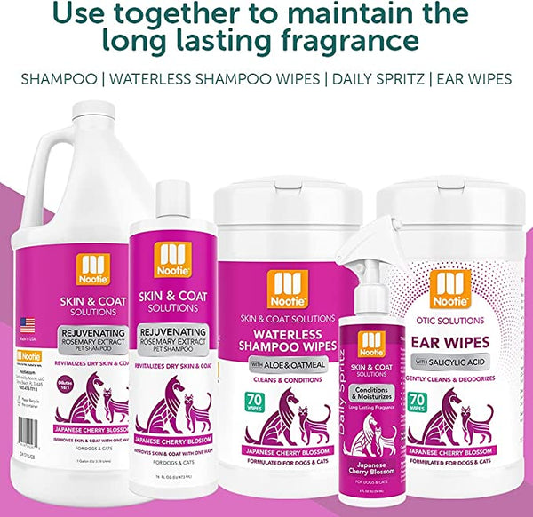 "Blossom Freshness in Every Wipe: Waterless Shampoo Wipes with Aloe & Oatmeal in Japanese Cherry Blossom Scent - (70) 5" x 6" Wipes Per Tub. Experience the Ease of Convenient Waterless Grooming for Dogs & Cats."