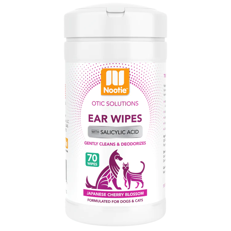 "Gentle Ear Care: Nootie Ear Wipes with Salicylic Acid in Japanese Cherry Blossom Scent – Effectively Cleans and Deodorizes for Dogs & Cats. Enjoy 70  5x6 Convenient Wipes per Tub!"