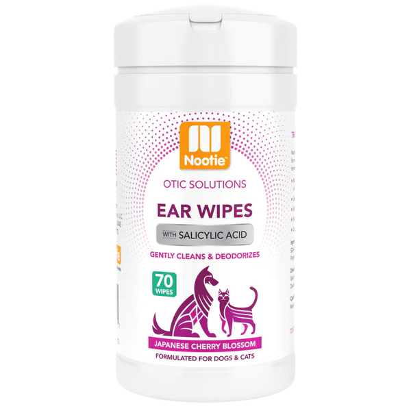 "Gentle Ear Care: Nootie Ear Wipes with Salicylic Acid in Japanese Cherry Blossom Scent – Effectively Cleans and Deodorizes for Dogs & Cats. Enjoy 70  5x6 Convenient Wipes per Tub!"