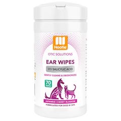 "Gentle Ear Care: Nootie Ear Wipes with Salicylic Acid in Japanese Cherry Blossom Scent – Effectively Cleans and Deodorizes for Dogs & Cats. Enjoy 70  5x6 Convenient Wipes per Tub!"