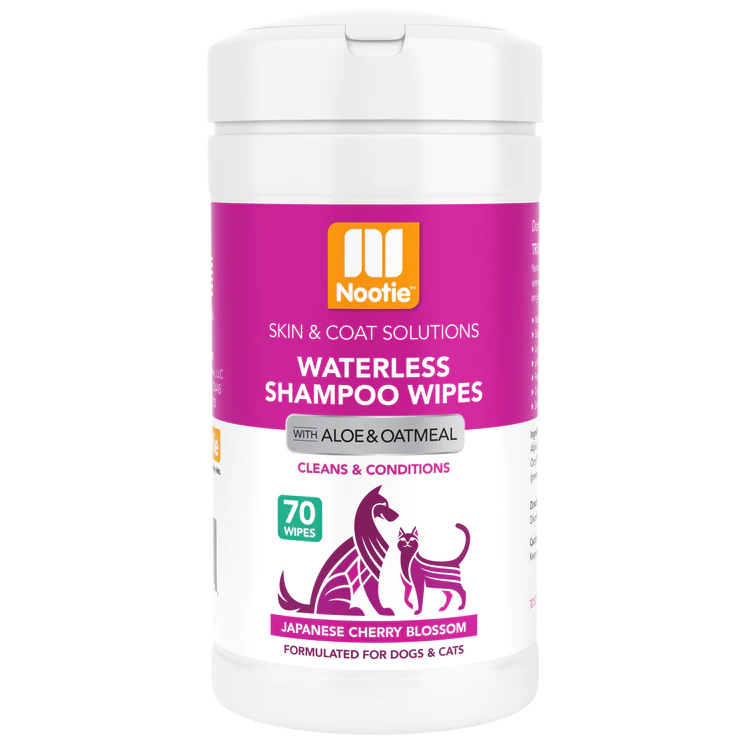 "Blossom Freshness in Every Wipe: Waterless Shampoo Wipes with Aloe & Oatmeal in Japanese Cherry Blossom Scent - (70) 5" x 6" Wipes Per Tub. Experience the Ease of Convenient Waterless Grooming for Dogs & Cats."