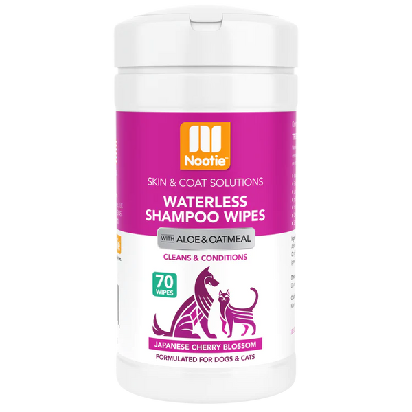 "Blossom Freshness in Every Wipe: Waterless Shampoo Wipes with Aloe & Oatmeal in Japanese Cherry Blossom Scent - (70) 5" x 6" Wipes Per Tub. Experience the Ease of Convenient Waterless Grooming for Dogs & Cats."