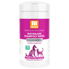 "Blossom Freshness in Every Wipe: Waterless Shampoo Wipes with Aloe & Oatmeal in Japanese Cherry Blossom Scent - (70) 5" x 6" Wipes Per Tub. Experience the Ease of Convenient Waterless Grooming for Dogs & Cats."