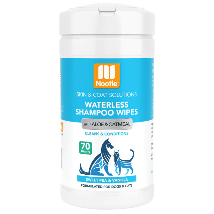 "Soothing Grooming Bliss: Nootie Waterless Shampoo Wipes with Aloe & Oatmeal - Sweet Pea & Vanilla. Embrace the Ease of Waterless Grooming with (70) 5" x 6" Wipes Per Tub for Dogs & Cats