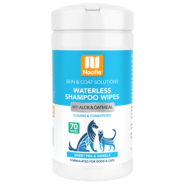 "Soothing Grooming Bliss: Nootie Waterless Shampoo Wipes with Aloe & Oatmeal - Sweet Pea & Vanilla. Embrace the Ease of Waterless Grooming with (70) 5" x 6" Wipes Per Tub for Dogs & Cats