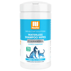 "Soothing Grooming Bliss: Nootie Waterless Shampoo Wipes with Aloe & Oatmeal - Sweet Pea & Vanilla. Embrace the Ease of Waterless Grooming with (70) 5" x 6" Wipes Per Tub for Dogs & Cats