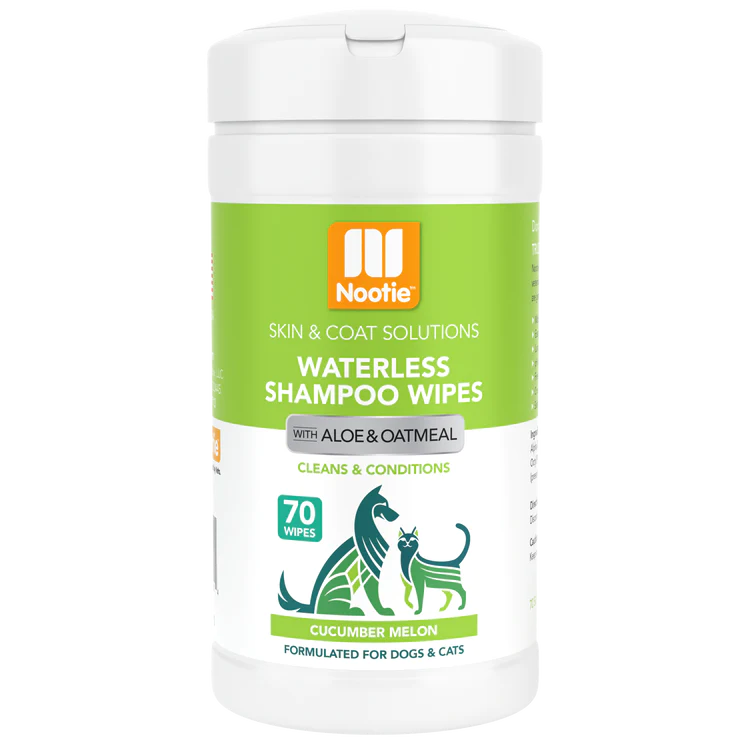 "Refreshingly Convenient Grooming: Waterless Shampoo Wipes with Aloe & Oatmeal in Cucumber Melon Scent - (70) 5" x 6" Wipes Per Tub. Experience Easy and Effective Waterless Grooming for Dogs & Cats."