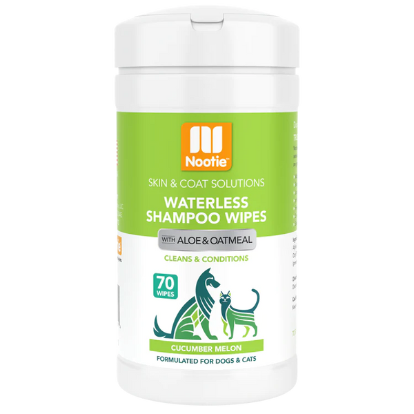 "Refreshingly Convenient Grooming: Waterless Shampoo Wipes with Aloe & Oatmeal in Cucumber Melon Scent - (70) 5" x 6" Wipes Per Tub. Experience Easy and Effective Waterless Grooming for Dogs & Cats."