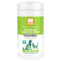 "Refreshingly Convenient Grooming: Waterless Shampoo Wipes with Aloe & Oatmeal in Cucumber Melon Scent - (70) 5" x 6" Wipes Per Tub. Experience Easy and Effective Waterless Grooming for Dogs & Cats."