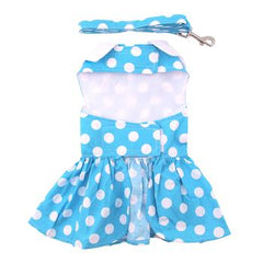 Blue Polka Dot Dog Dress with Matching Leash